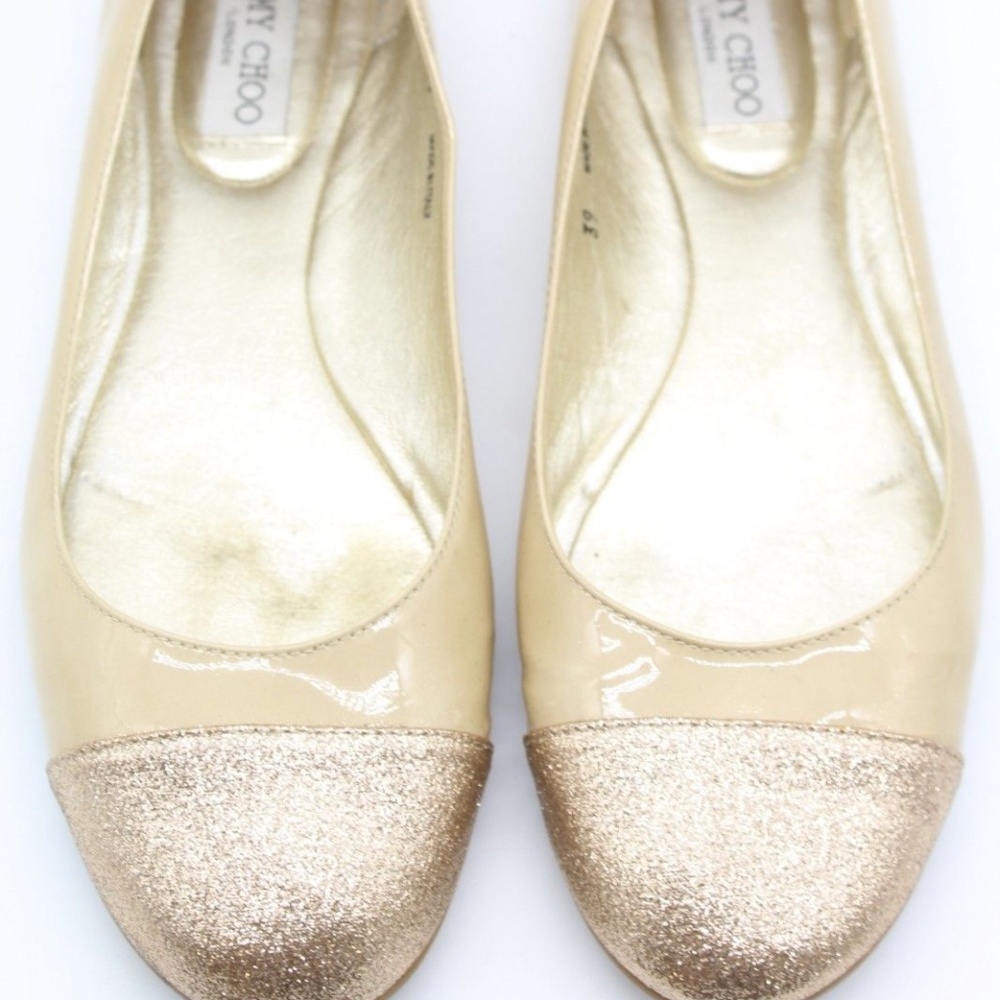 Jimmy Choo Tan & Gold Patent Glitter Flats Size 9